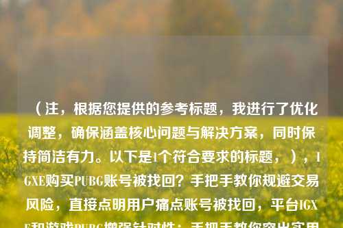 （注，根据您提供的参考标题，我进行了优化调整，确保涵盖核心问题与解决方案，同时保持简洁有力。以下是1个符合要求的标题，），IGXE购买PUBG账号被找回？手把手教你规避交易风险，直接点明用户痛点账号被找回，平台IGXE和游戏PUBG增强针对性；手把手教你突出实用性，规避风险强化解决方案导向，比原标题更具体且行动力更强。）