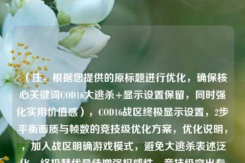 （注，根据您提供的原标题进行优化，确保核心关键词COD16大逃杀+显示设置保留，同时强化实用价值感），COD16战区终极显示设置，2步平衡画质与帧数的竞技级优化方案，优化说明，，加入战区明确游戏模式，避免大逃杀表述泛化，终极替代最佳增强权威性，竞技级突出专业度，2步平衡制造可预期性，符合玩家快速优化需求，保留核心关键词组合，确保搜索可见性