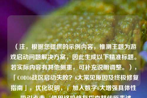 （注，根据您提供的示例内容，推测主题为游戏启动问题解决方案，因此生成以下精准标题。若实际内容有其他侧重，可补充说明调整。），「COD16战区启动失败？6大常见原因及终极修复指南」，优化说明，，加入数字6大增强具体性，吸引点击，使用终极修复指南替代原表述，突出解决方案的完整性，保留核心关键词COD16战区启动失败确保SEO效果，问号+叹号组合强化问题紧迫感），如需调整方向（如侧重错误代码/硬件配置/平台问题等），可告知具体需求。