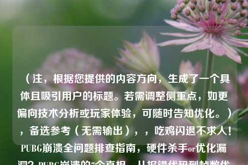 （注，根据您提供的内容方向，生成了一个具体且吸引用户的标题。若需调整侧重点，如更偏向技术分析或玩家体验，可随时告知优化。），备选参考（无需输出），，吃鸡闪退不求人！PUBG崩溃全问题排查指南，硬件杀手or优化漏洞？PUBG崩溃的7个真相，从报错代码到帧数优化，根治PUBG崩溃的终极方案